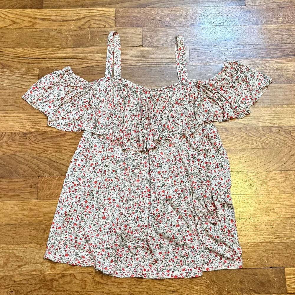 Lucky Brand Women’s XL Beige Red Floral Off Cold Shoulder Ruffle Blouse Romantic